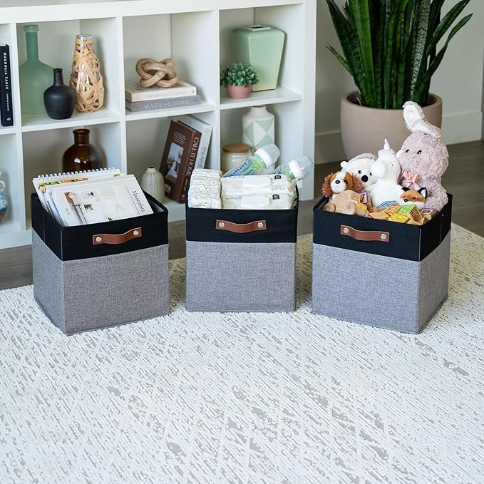 OrganiHaus 12" x 12" x 12" Fabric Storage Bins - Set of 4, Cube Canvas Organizer Bins with Vegan Handles, Kallax Storage Cubes, Cubbies Organizer Boxes, 12 Inch Cubic Baskets for Shelves - Grey/Black