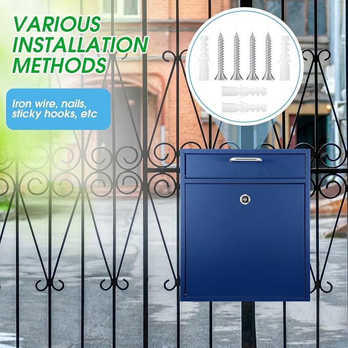 Locking Mailbox with Key for Outdoor 12 x 10.5 x 4.7 Inches Large Wall Mount Mail Box with Lock Security Mail Drop Metal Collection Boxes Hanging Secure Postbox(Dark Blue)