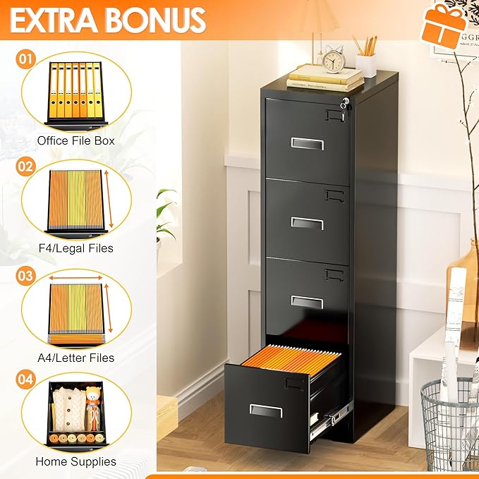 INTERGREAT 4 Drawers File Cabinet with Lock, 18" D Metal Black Vertical Filing Cabinet for Hanging Folders, Easy Assemble