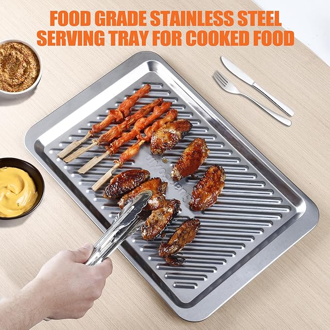Grilling Prep and Serve Trays Set of 2 Stackable Stainless Steel BBQ Trays Marinating Tray Food Serving Platter for Cooked and Raw Meat BBQ Prep Tub Dishwasher Safe