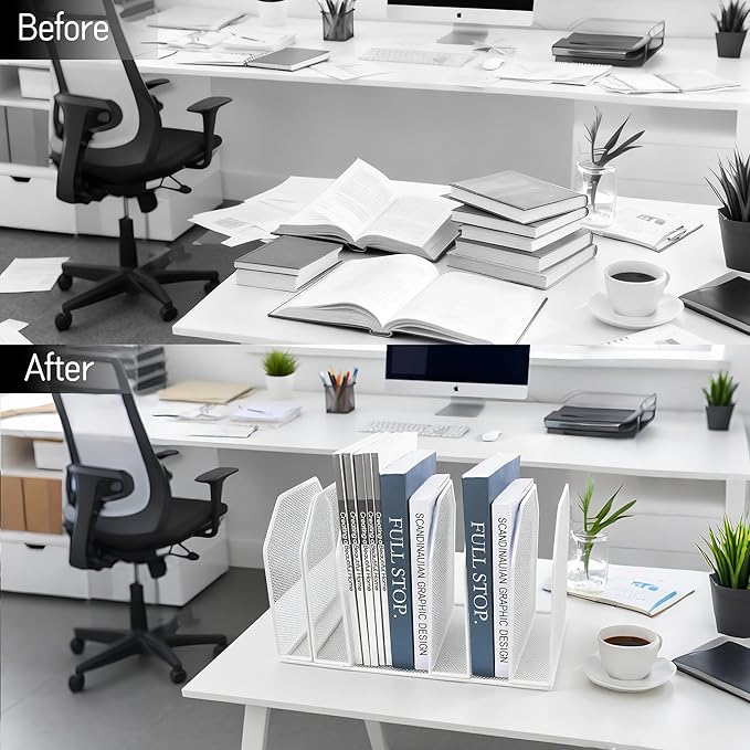 Adjustable Desk File Organizer,Detachable Office Folder Organizer,Compact Vertical Desk File Holder,Wrought Iron Paint,Suitable for Home, School, Office Classrooms (White - 7 grids)