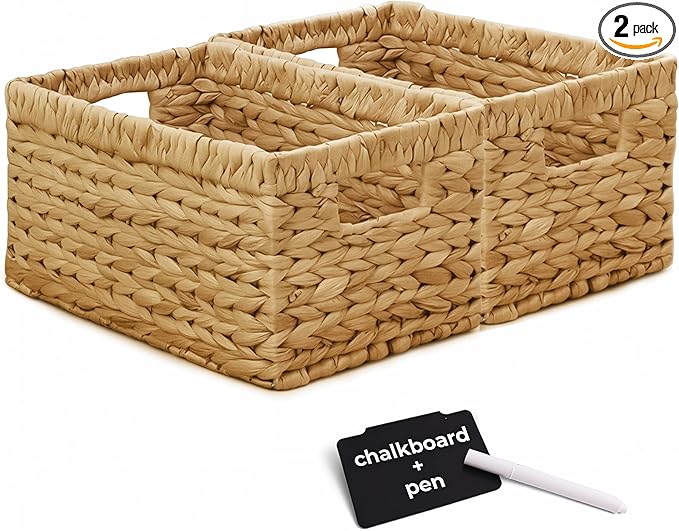 KOKODO Pack of 2 Medium Rectangular Water Hyacinth Wicker Storage Baskets with Handles and Metal Frame, Stylish and Durable Handwoven Bin for Space-saving Room Organizing or Decorative Wicker Basket