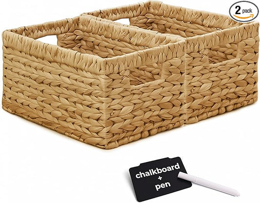 KOKODO Pack of 2 Medium Rectangular Water Hyacinth Wicker Storage Baskets with Handles and Metal Frame, Stylish and Durable Handwoven Bin for Space-saving Room Organizing or Decorative Wicker Basket