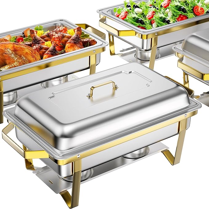 Rengue 9.5QT Chafing Dishes for Buffet, 4 PCS Golden Stainless Steel Chafing Dish Buffet Set, Buffet Servers and Warmers Heating & Cooling Food Warmers for Parties Buffet,Banquets,Weddings,Gatherings