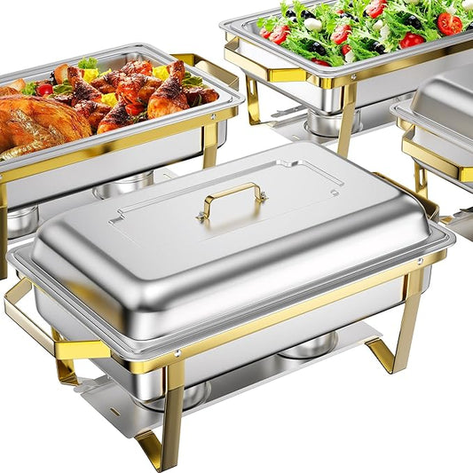 Rengue 9.5QT Chafing Dishes for Buffet, 4 PCS Golden Stainless Steel Chafing Dish Buffet Set, Buffet Servers and Warmers Heating & Cooling Food Warmers for Parties Buffet,Banquets,Weddings,Gatherings