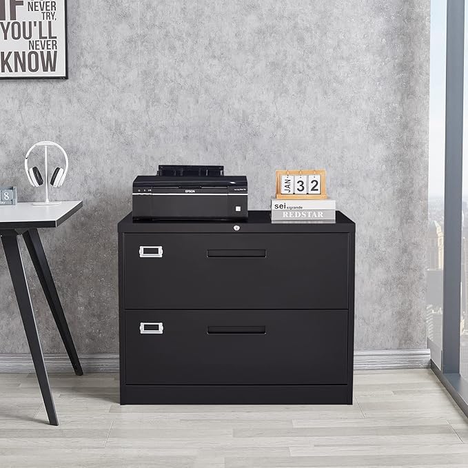2 Drawer File Cabinet, Lateral Filing Cabinets for Home Office, Office Storage Drawers with Lock, Hanging Files Legal/Letter A4 Size (Assemble Required,Black)
