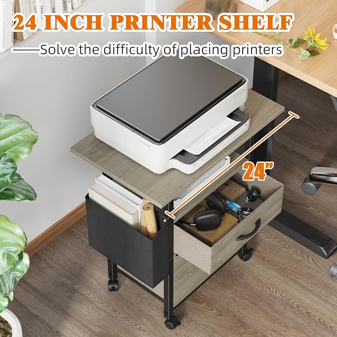 2 Drawer File Cabinet with 24'' Extended Desktop, Mobile Filing Cabinet, Rolling File Cabinet with Side Bag, Fabric Drawer, Fits A4 Size, Home Office, Oak Grey