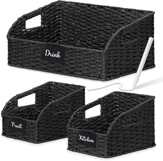 Wicker Baskets for Organizing,Pantry, Kitchen Counter with Handles, Handwoven Woven Storage Baskets for Fruit, Bread, Vegetable, Paper Storage Bins for Shelves, 3 Pack, Black