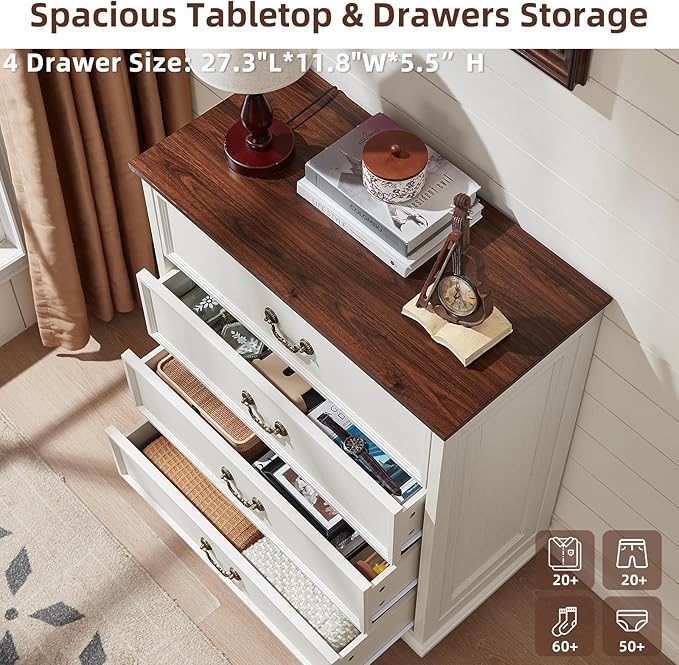 Farmhouse 4 Drawer Dresser for Bedroom, 37" Tall Rustic Chests of Drawers w/ 4 Solid Wood Feet, Mid Century Modern Wooden Closet Storage Dressers Organizer for Living Room, Hallway, White