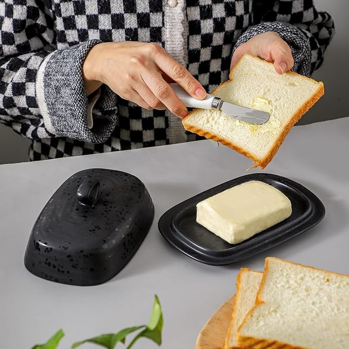 Hasense Porcelain Butter Dish, Large Butter Dish with Lid, Butter Holder with Cover, Butter Containe for West East Coast Butter, Modern Kitchen Decor, Wedding, Housewarming Gift, Black