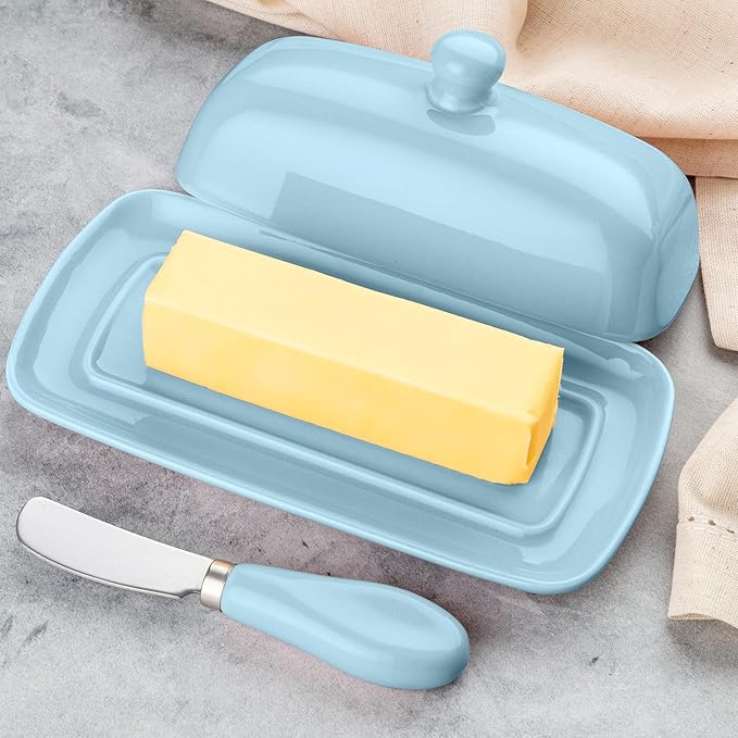 Zulay Kitchen Butter Dish With Lid For Countertop - Porcelain White, Ceramic Butter Dish with Knob Handle Great for Cooking - Elegant Design Butter Holder - Durable & Sturdy Butter Keeper - Light Blue