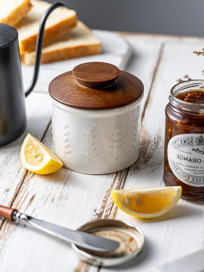 Ceramic Butter Dish With Lid, Butter Crock for Countertop, French Butter Keeper for Spreadable Butter, Elegant Embossed Pattern, Cream White