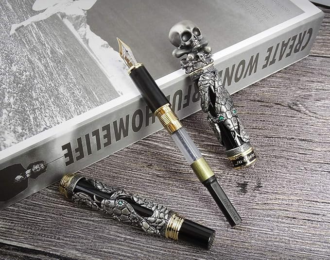 Jinhao Black Snake Fountain Pen Fine Nib with Skull Head Solid Metal