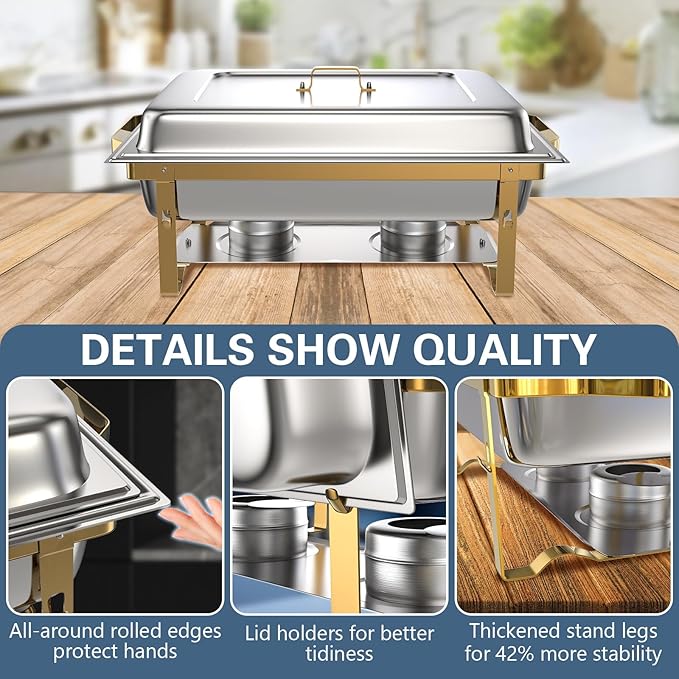 SIOTMERA 9QT Chafing Dishes for Buffet 1 Pack, Thickened Stable Stainless Steel Chafing Dish Buffet Set, Rolled Edge No Finger Cut Food Warmers for Party Catering Events Weddings, Gold and Silver