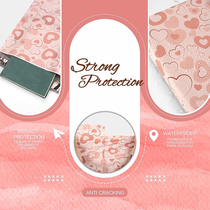 Pink Heart Poly Mailer 6x9 Inch 100 Pcs, Waterproof Shipping Bags for Clothing, Tear-Resistant Mailier Bags, Strong Mailing Bags with Self-Seal