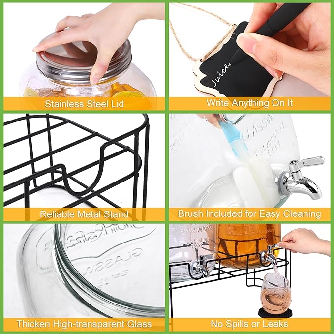 TURSTIN 2 Pcs 2 Gallon Glass Beverage Drink Dispenser with Stand Dual Beverage Dispensers with Ice Cylinder Steel Spigot Hanging Chalkboard Signs Drip Trays Drink Juice Dispenser with Lids for Parties