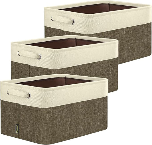 BALEINE 3 Pack Fabric Storage Bins for Shelves, Linen Storage Baskets for Organizing, Decorative Closet Bins for Clothes, Home (Brown, 12"x8"x8")