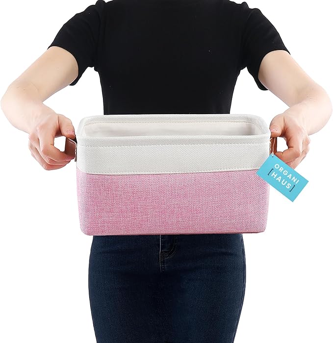 OrganiHaus Small Fabric Storage Bins for Shelves 6 Pack, 12x8in Closet Storage Bins for Shelves, Cloth Baskets for Organizing, Linen Closet Organizers, Fabric Basket, Pink/White