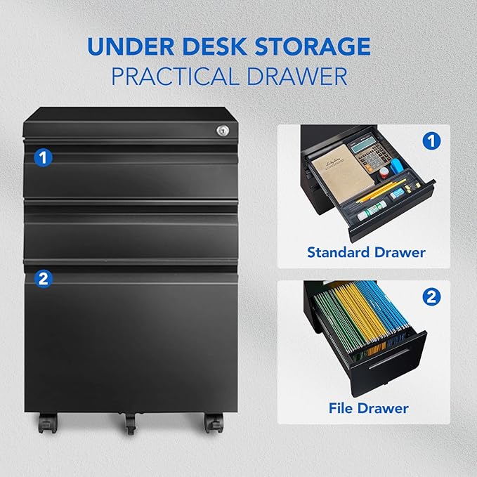 FLEXISPOT 3-Drawer Mobile File Cabinet for Home Office - Under Desk Storage, Locking Keys, Organizer for Legal/Letter/A4 Files, Black