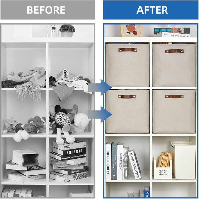 Temary Cube Storage Baskets 13 Inch Cube Storage Bins 4 Pack Baskets for Organizing Shelves Fabric Cloth Bins for Shelf, Home, Closet(Beige)