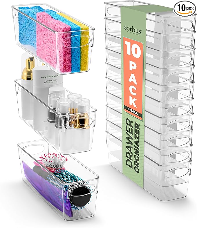 Sorbus Small Clear Plastic Storage Bins for Organizing, 10 Pack Clear Organizer Bins with Handles, Plastic Storage Bins for Closet, Pantry, Fridge, Medicine Cabinet Organizer, Shelves, Freezer, Drawer