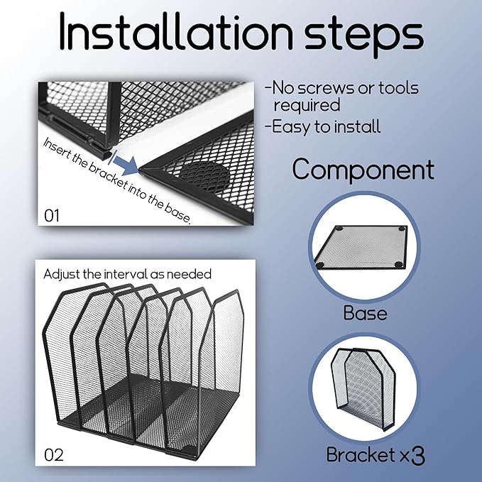 Adjustable Desk File Organizer,Detachable Office Folder Organizer,Compact Vertical Desk File Holder,Wrought Iron Paint,Suitable for Home, School, Office Classrooms (Black - 5 grids)