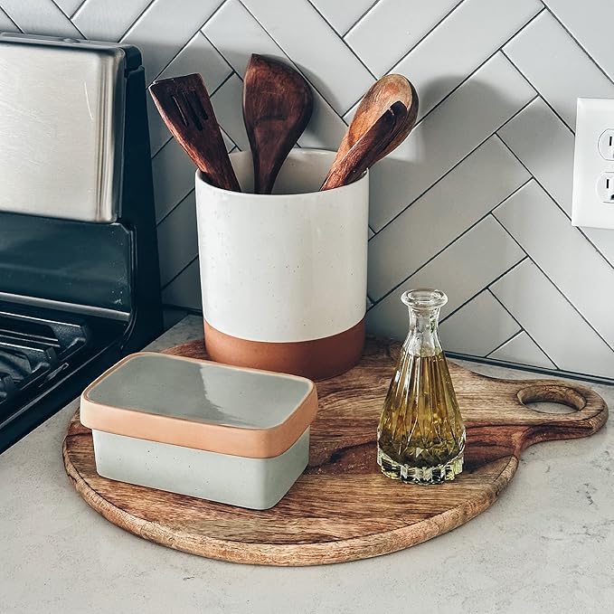 Mora Ceramic Two-in-One Butter Dish with Lid, Covered Butter Crock Container to Leave on Countertop - Large Storage Keeper/Holder for Kitchen, Gifts for Her, Butter Tray For Counter - Earl Grey