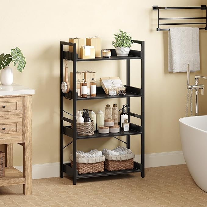 Rolanstar Bookshelf 4 Tier with 4 Hooks, Industrial Wood Bookcase, Vintage Storage Rack with Open Shelves, Rustic Standing Bookshelves Metal Frame Display Rack for Living Room, Bedroom, Black