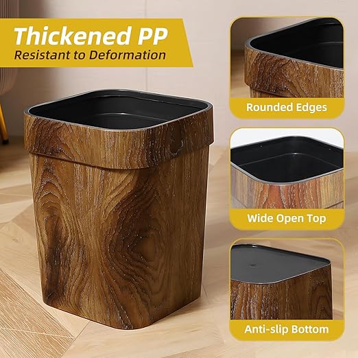 Wood Grain Plastic Trash Can Bedroom, Square 2-Pack, 3.7 Gal Farmhouse Wastebasket Bin Retro Style, Brown Trash Can for Room Aesthetic, Open Top Garbage Can for Office, Living Room, Hotel, Bathroom