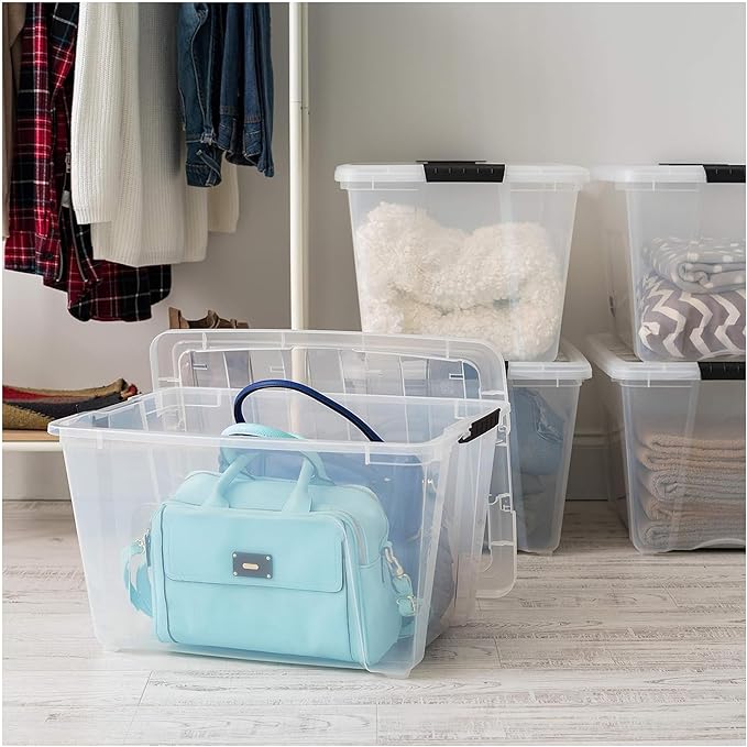 IRIS USA 51 L (54 QT) Plastic Storage Box with Lid and Latches - 4 Pack - BPA-Free, See-Through Organizing Solution, Durable Nestable Stackable Containers, Secure Pull Handle - Clear