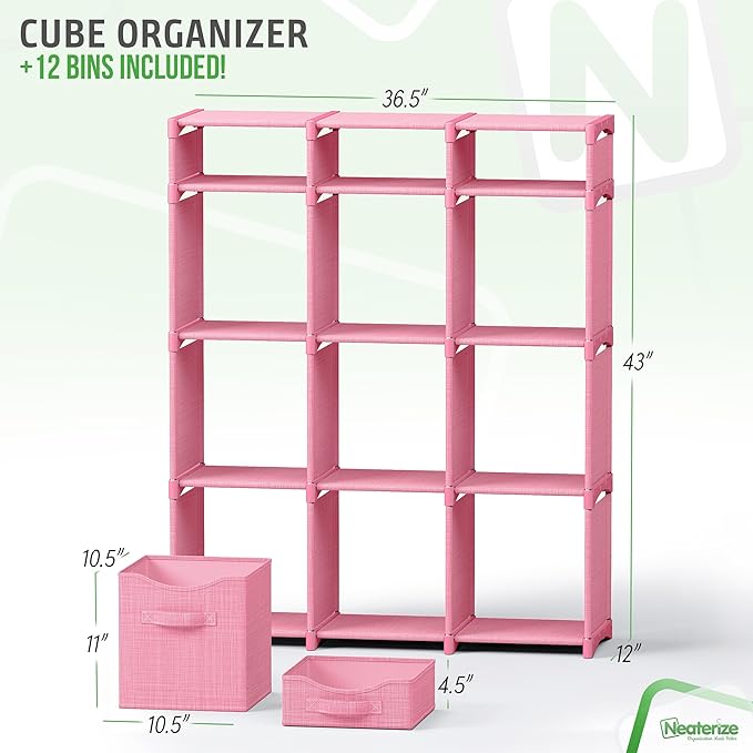 12 Cube Closet Organizers And Storage | Includes All Storage Cube Bins | Easy To Assemble Closet Storage Unit With Drawers | Room Organizer For Clothes, Baby Closet Bedroom, Playroom, Dorm (Pink)