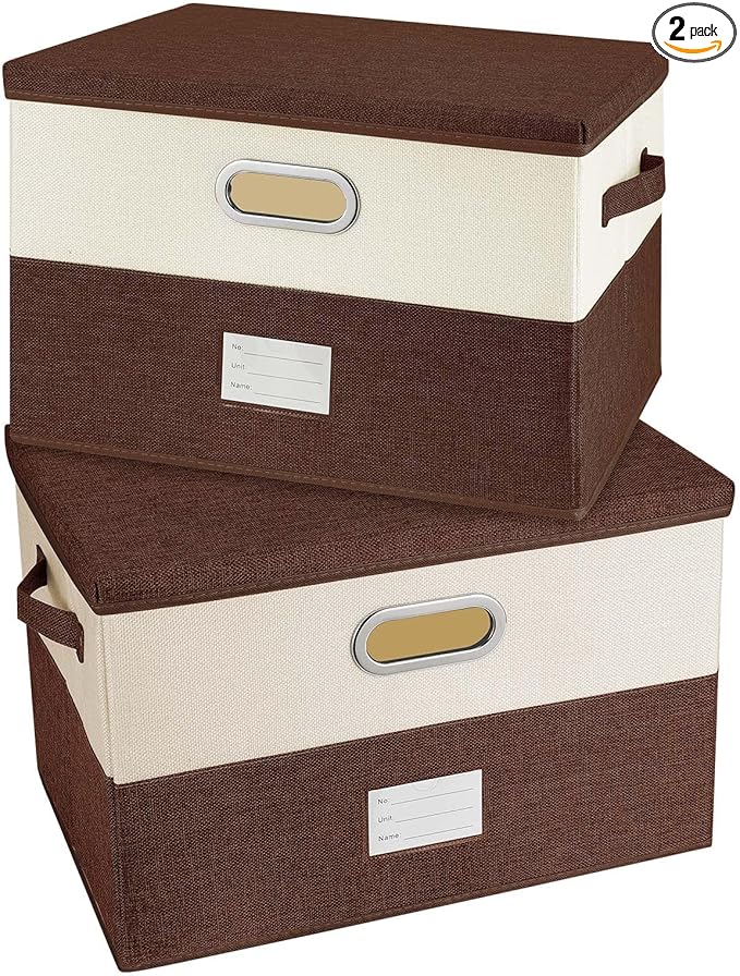 Large Linen Fabric Foldable Storage Bins with Removable Lid and Handles, Washable Storage Box Organizer Containers Baskets Cube with Cover for Bedroom,Office (Coffee&Cream, Large(2-Pack))