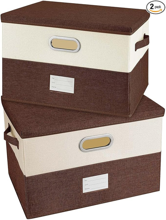 Large Linen Fabric Foldable Storage Bins with Removable Lid and Handles, Washable Storage Box Organizer Containers Baskets Cube with Cover for Bedroom,Office (Coffee&Cream, Large(2-Pack))