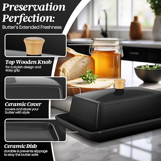 Flexzion Ceramic Black European Butter Dish with Lid for Countertop (7 Inch) - Wide 2 Stick Double Butter Holder for Counter, Cream Cheese Container Storage Keeper