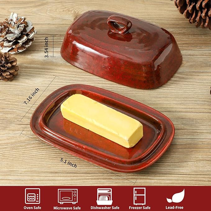 Hasense Butter Dish with Lid for Countertop, Ceramic Butter Tray with Handle, Large Butter Keeper Holder for West East Coast Butter, Modern Kitchen Christmas Decor, New Year, Thanksgiving Gift, Red