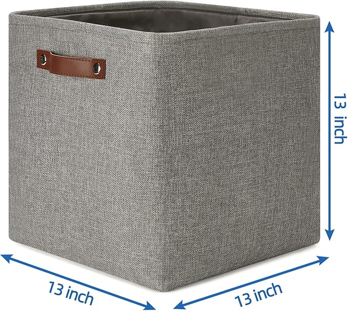 Temary Storage Baskets 13 Inch Fabric Storage Cubes for Shelves Set of 4 Storage Cube Bins for Home, Office, Storage Organizers for Toys with Leather Handles(Grey)