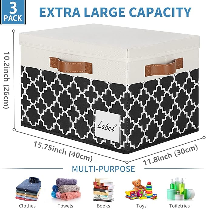 GhvyenntteS Extra Large Storage Bins with Lids, Foldable Fabric Storage Boxes with Lids and 3 Handles, Storage Baskets with Label Window (3 Pack, White&Lattice Black, 15.75x11.8x10.2)