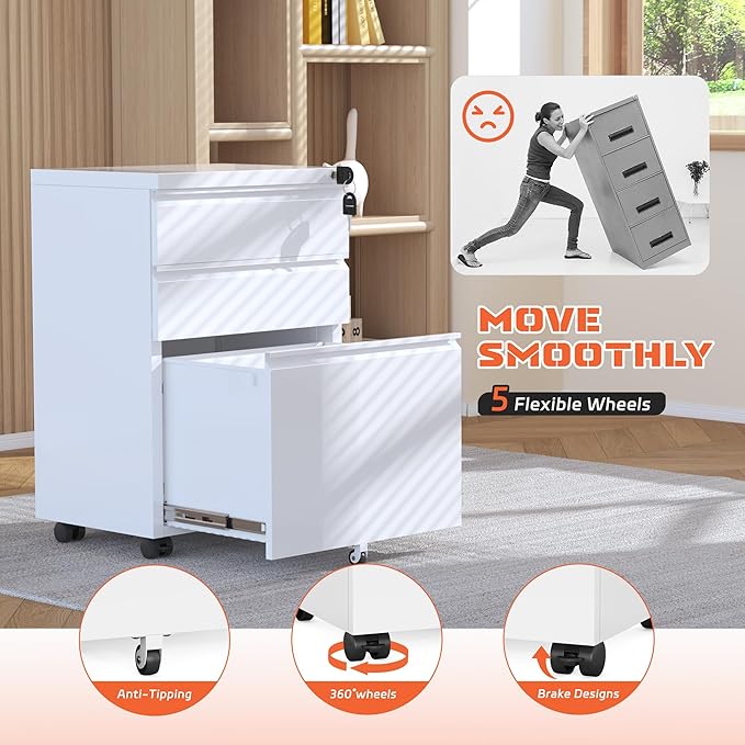 INTERGREAT 3 Drawer Mobile File Cabinet with Lock, Metal Filing Cabinets for Home Office, Rolling Under Desk Organizer for Letters/Legal/A4, (Fully Assembled-White)