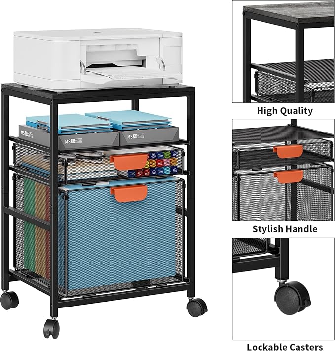 Marbrasse Rolling File Cart with Handle, Mobile File Cabinet on Lockable Wheels, Office Filing Cabinet Organizer, Printer Stand with Hanging File Folder Organizer for Home Office - Dark Brown