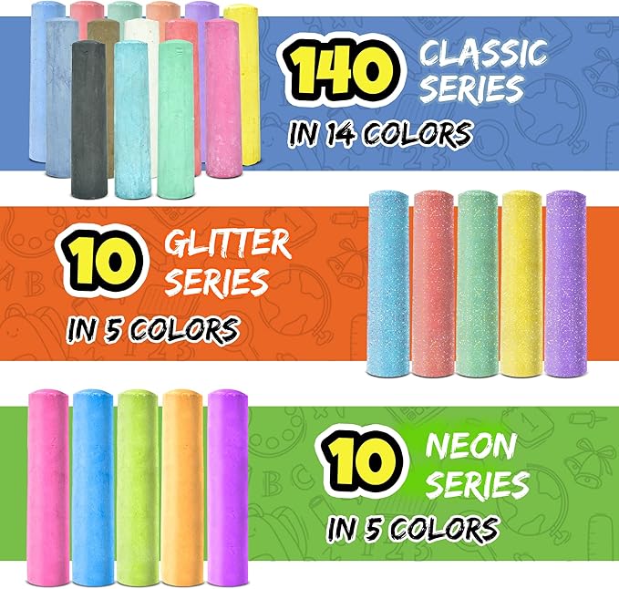 160 PCS Sidewalk Chalk for Kids - 14 Colors, 10 Glitter, 10 Neon Non-Toxic Washable Jumbo Chalks - Bulk Set of Outdoor Paint for Kids and Toddlers - Chalkboard Toys - Big Bucket Chalk for Party