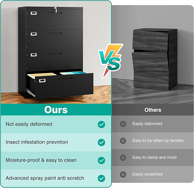 SISESOL 4 Drawer Lateral File Cabinet with Lock,Black Lateral Filing Cabinet,Horizontal Metal Filing Cabinet,Locked Wide Four Drawer File Cabinet for Office Home,Fit A4/F4/Letter/Legal File