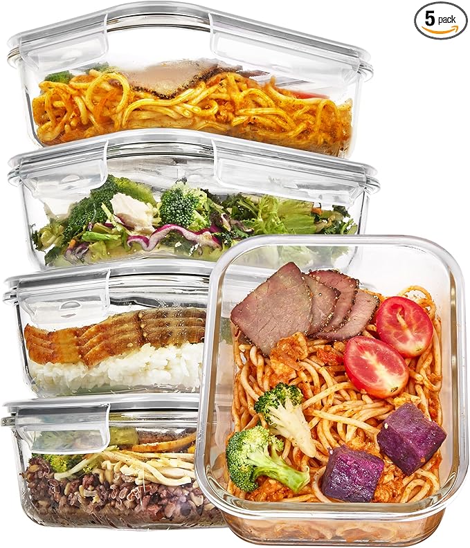 Vtopmart 5 Pack 35oz Glass Food Storage Containers with Lids, Meal Prep Containers, Airtight Reusable Lunch Container Set, Safe for Oven, Microwave, Freezer, and Dishwasher, Grey