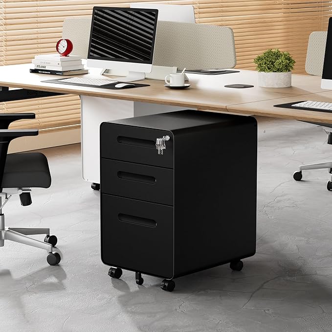 3 Drawer File Cabinet with Lock and 4 Keys, Mobile Metal Filing Cabinet, File Cabinets for Home Office, Under Desk, Pre-Assembly, File Drawer, Letter/Legal/A4 Hanging File Folders
