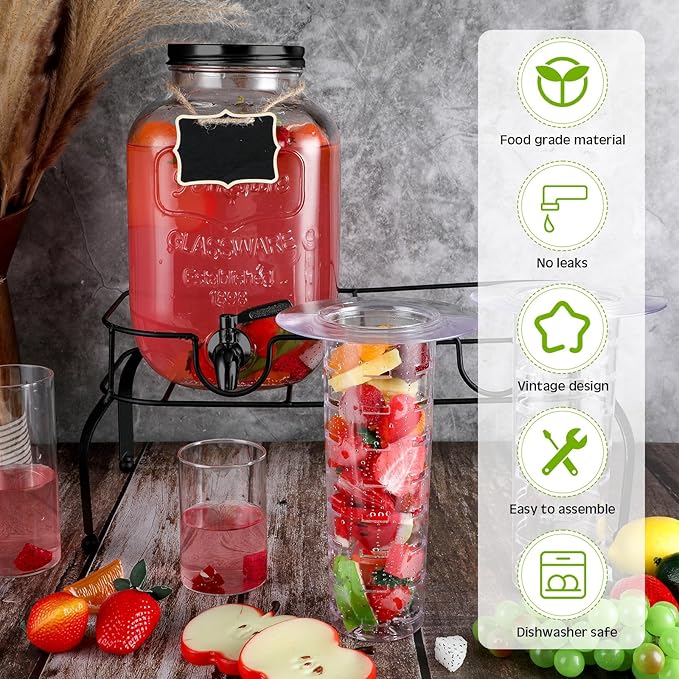 Lallisa 2 Pcs 2 Gallon Glass Drink Dispenser with Stand Ice Cylinder Hanging Chalkboard Signs 18/8 Stainless Steel Spigot Beverage Dispensers for Parties Mason Jar Drink Lemonade (Black Spigot)