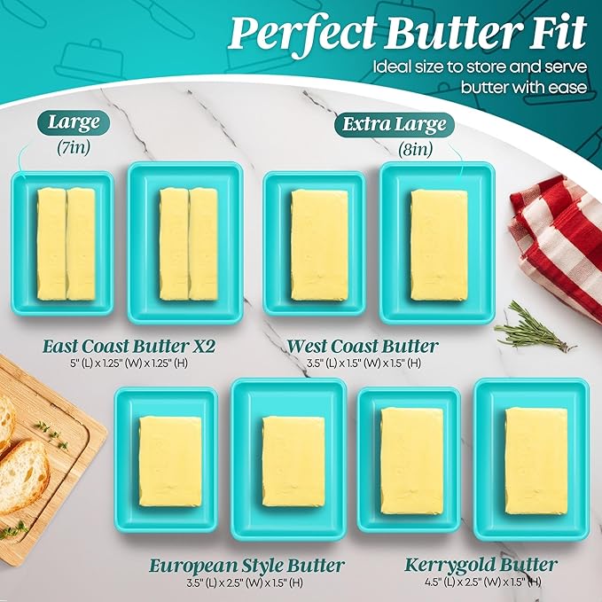 Flexzion Ceramic Blue European Butter Dish with Lid for Countertop (7 Inch) - Wide 2 Stick Double Butter Holder for Counter, Cream Cheese Container Storage Keeper