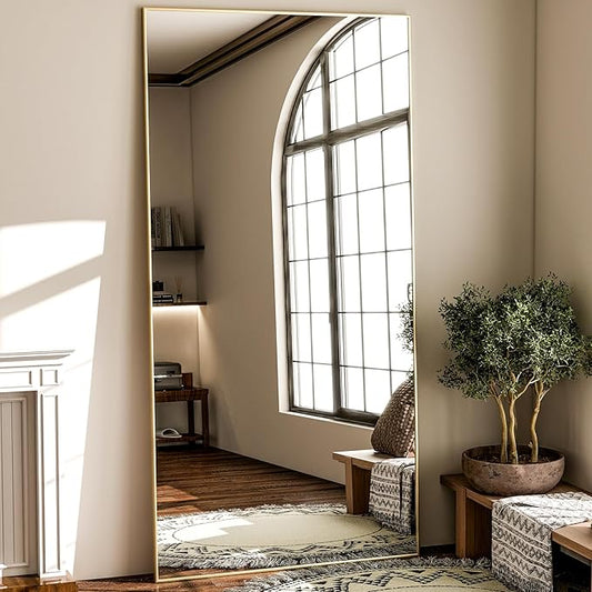 GLSLAND 71"x31" Full Length Mirror Extra Large Hanging or Leaning Rectangle Mirror Aluminum Alloy Thin Frame Bedroom Floor Dressing,Gold