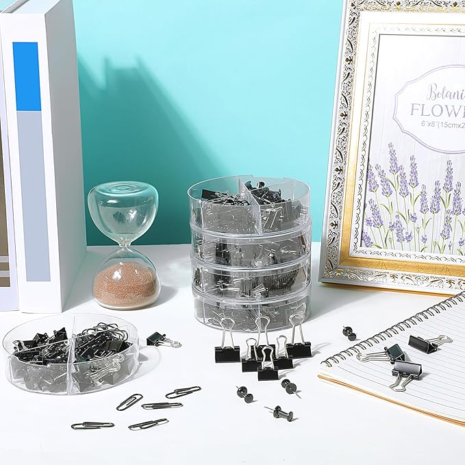 1560 Pcs Paper Clips and Binder Clips Assorted Sizes, Large Medium Small Binder Clip Paperclips Thumb Tacks, College Supplies Home Office Supplies Document Organizing(Black)