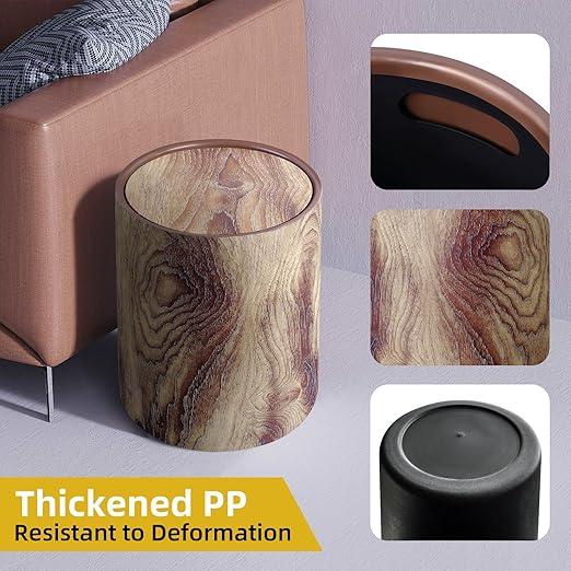 Wood Grain Plastic Trash Can Swing Top Lid, 4Gal/15L Farmhouse Wastebasket Bin Retro Style with Inner Bucket, Bathroom Trash Can Hidden Bag for Room Aesthetic, Round Brown Garbage Can 2pack