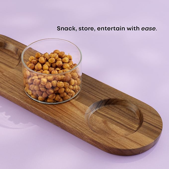 JoyJolt Holden 14oz Stackable Glass Storage Containers with Lids and Wooden Tray, Small Airtight Food Canister Set of 3 with Acacia Wood Lids, Round Clear Stacking Pantry and Kitchen Containers