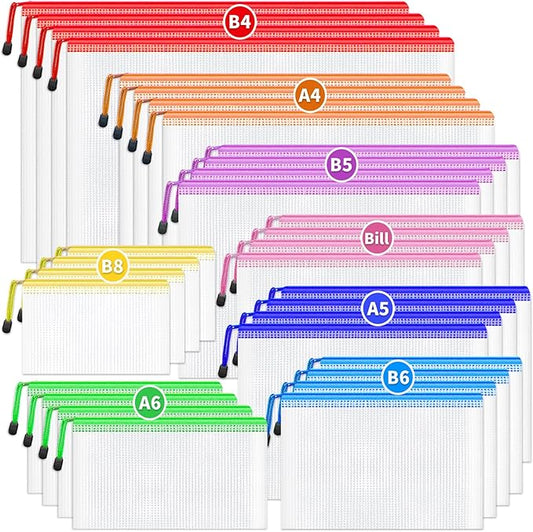 Smarpau 32pcs Zipper Pouch, 8 Sizes 8 Colors Mesh Zipper Pouches for Organizing, Waterproof Plastic Zipper Storage Bags for Board Game Storage, Travel, Office Supplies
